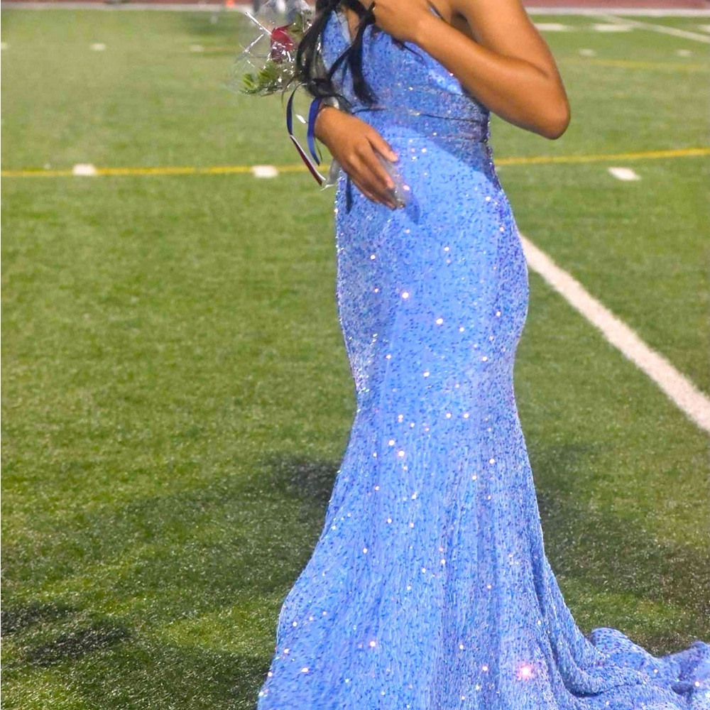 Blue Sequin One Shoulder Prom Gown